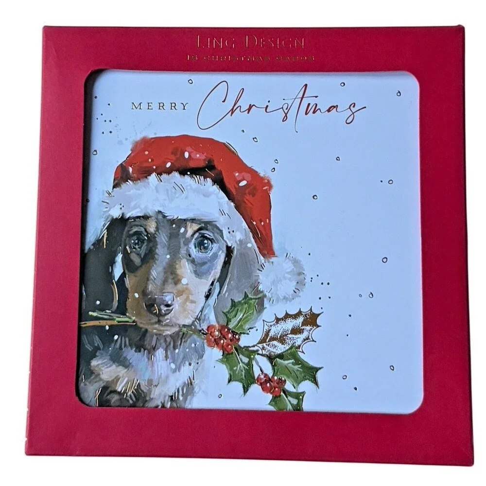 Ling Design Luxury Christmas Cards Dacshsund Santa Hat Dog Holly Ivy Set of 16